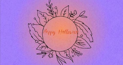 Hand-drawn botanical wreath with orange happy halloween emblem on purple watercolor gradient