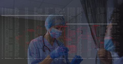 Female clinician preparing vaccine drawing syringe in exam room wearing ppe stethoscope