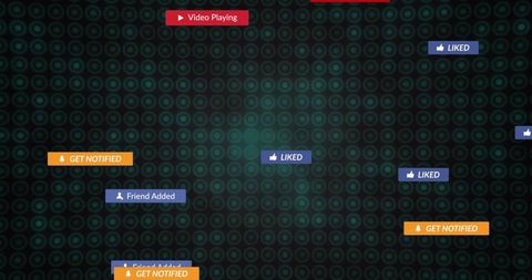 Floating social media notification badges over teal circular ui pattern with glow