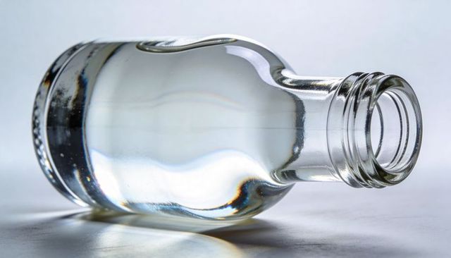 Clear glass bottle lying on side showing liquid refraction and rainbow highlights