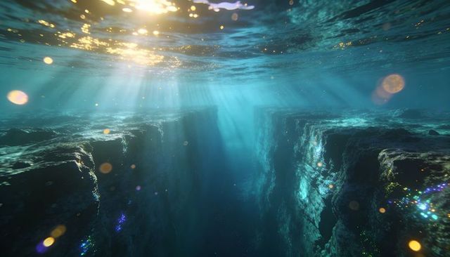 Sunlit underwater chasm with turquoise rays, bubbles, caustics and textured rock walls