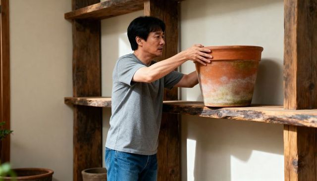Man placing terracotta planter on rustic wooden shelf in shed, organizing garden space