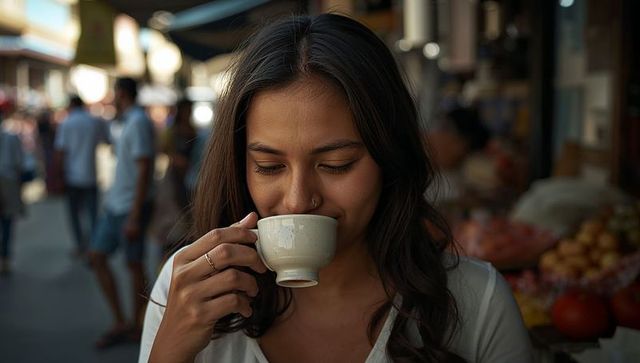 Young woman sipping coffee at bustling outdoor market holding ceramic cup smiling softly