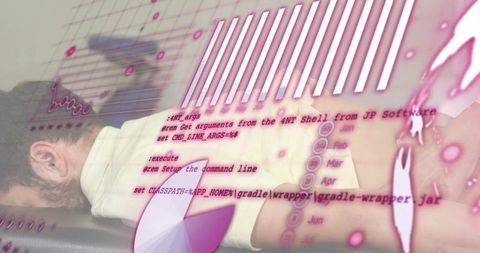 Man lying face-down on clinic bench showing pink code, charts and digital data overlays