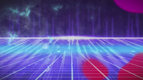 Retro Futuristic Digital Landscape with Blue and Pink Grid