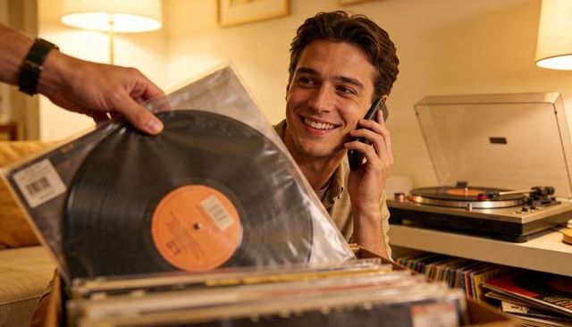 Young man smiling talking on phone and browsing vintage vinyl collection by turntable