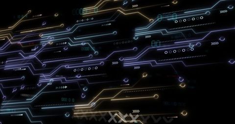 Futuristic neon network circuit with digital data flow