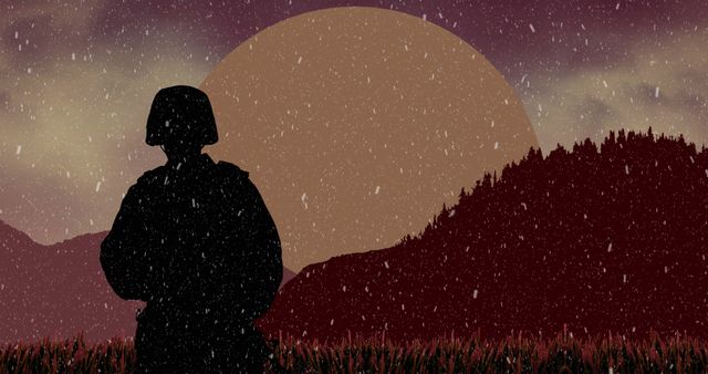 Composition of snow falling over silhouette of soldier - Download Free Stock Photos Pikwizard.com