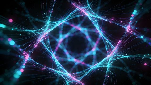 Luminous neural-like hexagonal tunnel of turquoise and magenta particles for ai branding