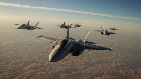 Military formation flight over airstrikes desert with fighter jets