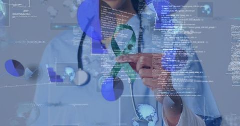 Futuristic healthcare interface with doctor interacting with tech elements