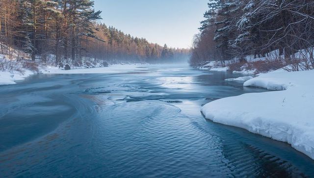 Flowing winter river winding through snow-covered pine forest with misty sunrise glow