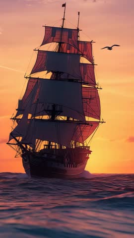 Three-Masted Ship Sailing across Calm Sea at Sunset | Vertical Video for Voyage Scenes