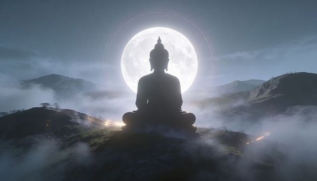 Buddha silhouette meditating on misty mountaintop with full moon halo and warm rim lights