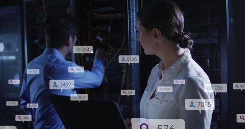 Engineers collaborating in data center with social media overlays