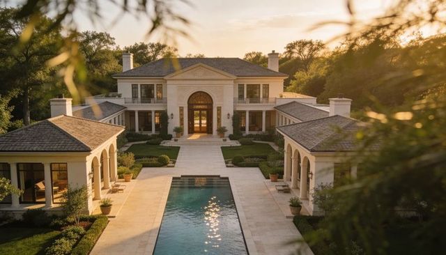 Neoclassical luxury mansion with long reflecting pool and symmetrical courtyard at sunset