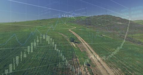Digital Financial Graphs Over Rolling Green Hills Landscape