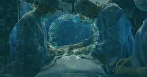 Diverse Surgeons Operating with Futuristic Brain Hologram