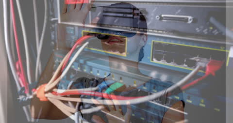 Woman Using VR Headset with Server Room Technology Background