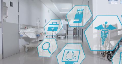 Digital medical icons overlaying hospital corridor