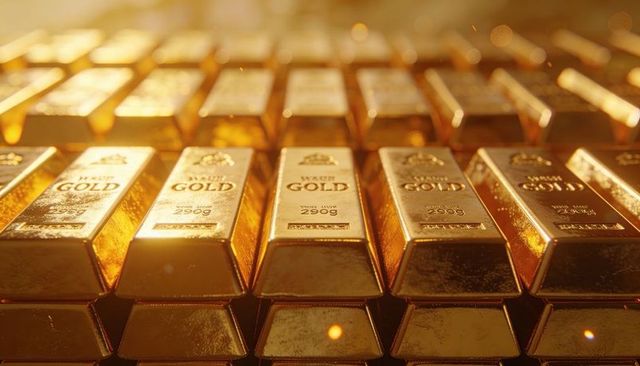 Stacked minted gold bars gleaming on vault shelf, reflective bullion closeup