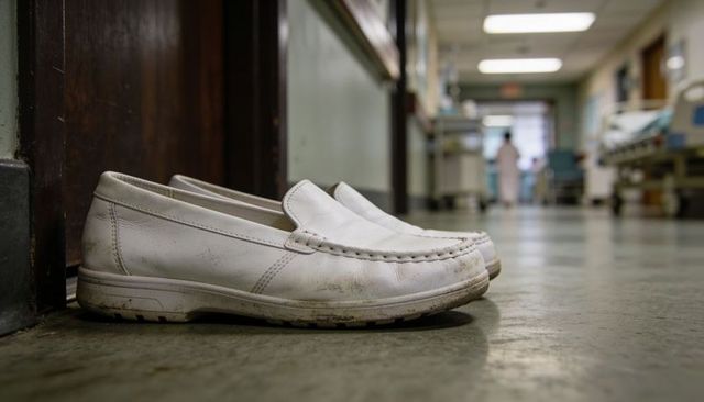 Worn white slip-on nursing shoes sitting on hospital corridor floor with blurred nurse