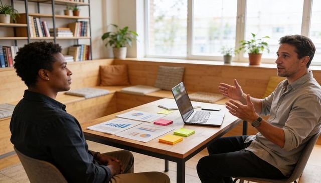 Colleagues discussing data and strategy with laptop, charts and sticky notes in modern office