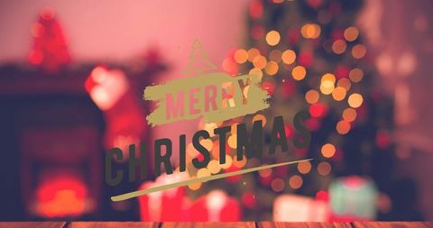 Merry christmas overlay on cozy bokeh living room featuring fireplace, tree, gifts, tabletop