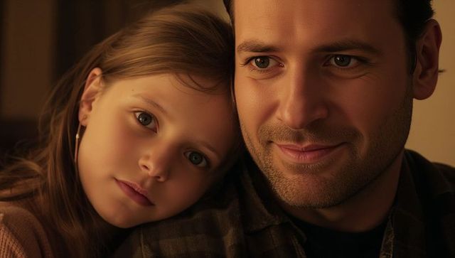 Warm closeup of father and daughter cuddling, tender bond and home comfort portrait