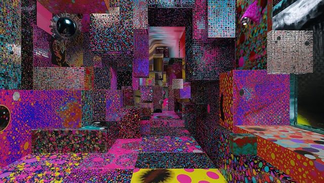 Tessellated neon cuboid corridor creating kaleidoscopic installation with glossy sphere