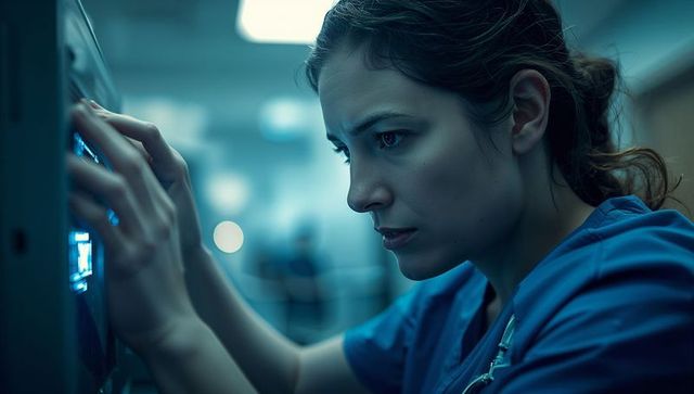 Focused nurse adjusting patient monitor in hospital corridor