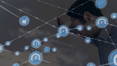 Stressed Businessman Amid Digital Network Connections