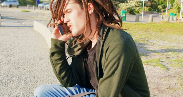 A young Caucasian man with dreadlocks is using his smartphone while sitting outdoors, with copy space. His casual attire and focused expression suggest he might be engaged in a personal conversation or managing an important task.