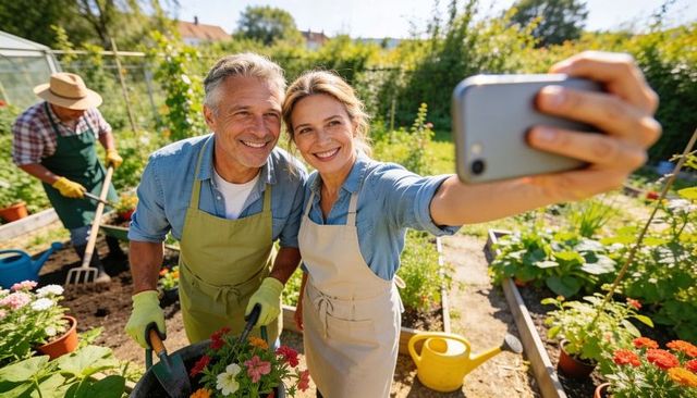 Mature couple taking garden selfie while planting flowers with gardener working nearby