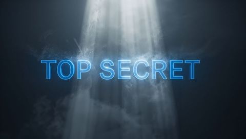 Glowing neon top secret typography casting dramatic spotlight beams through fog and particles