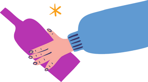 Hand gripping magenta bottle on transparent background minimalist design