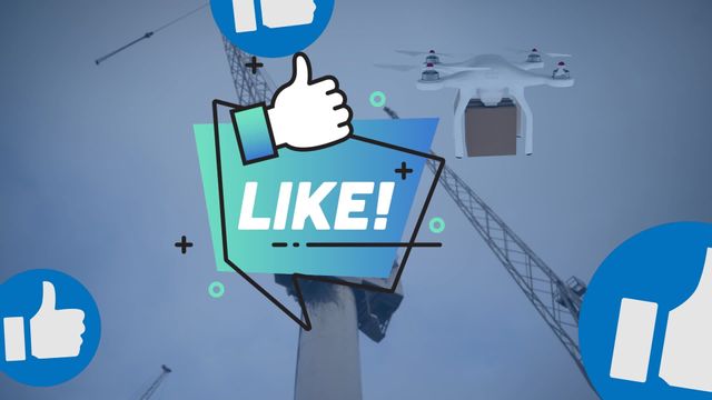 Illustration of social media interaction with like icon and drone over construction crane background. Suitable for use in online marketing, social media campaigns, tech industry, and delivery services advertising. Highlights the intersection of technology and daily life, capturing online engagement and modern logistics.