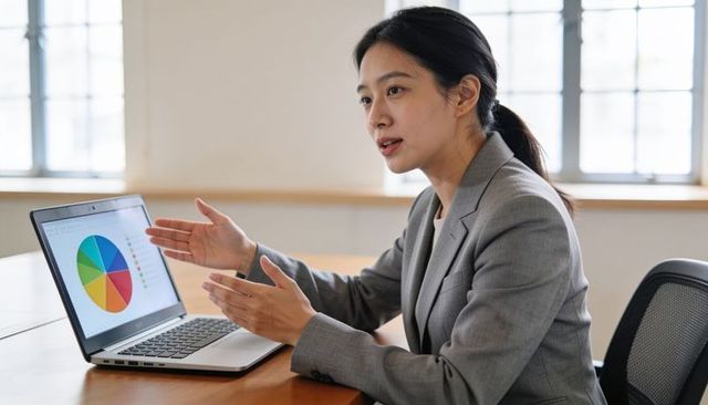 Asian businesswoman presenting colorful pie chart on laptop during office meeting