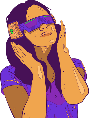 Stylized Woman Wearing VR Headset on Transparent Background
