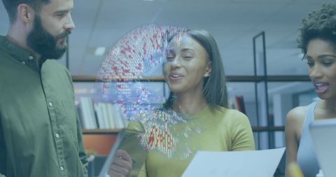 Diverse Team Collaborating with Digital Globe Hologram in Modern Office