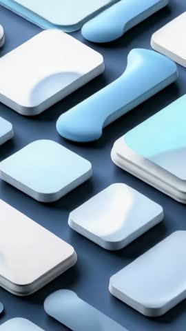 Vertical 3D abstract video panning over white geometric prisms with blue capsule focus