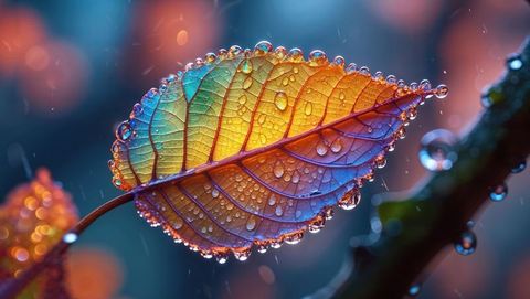 Close-up of rainbow gradient leaf of the dreaming tree with dewdrops