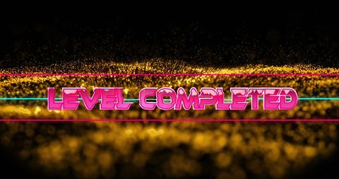 Bright Pink Level Completed Text with Digital Glow