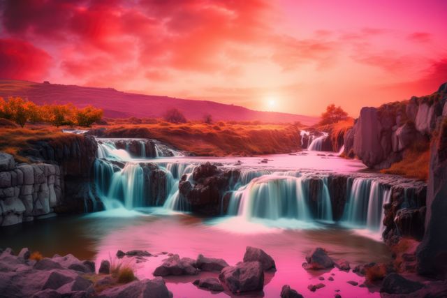 Fantasy landscape with waterfalls, river and mountains created using generative ai technology. Fantasy, imagination and colour concept digitally generated image.