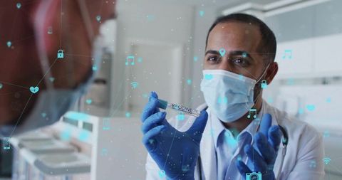 Medical Professional Holding Vaccine Vial with Technology Icons Overlay