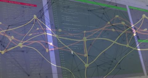 Dual wide monitors showing code editor and terminal with glowing network mesh overlay for AI