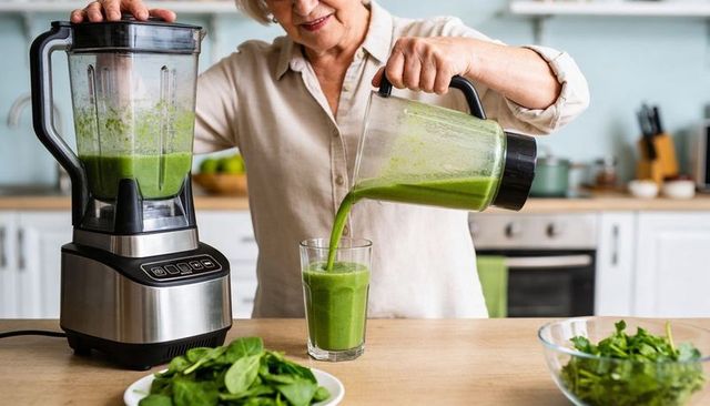 Senior woman pouring healthy green smoothie from blender into glass on kitchen counter