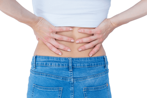 Woman suffering back pain in jeans with transparent background