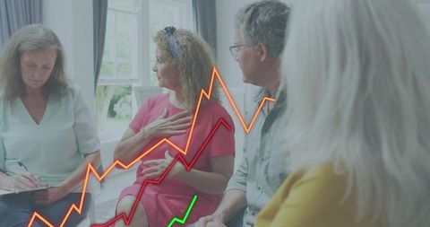 Adults discussing health support while taking notes with neon data graph overlay