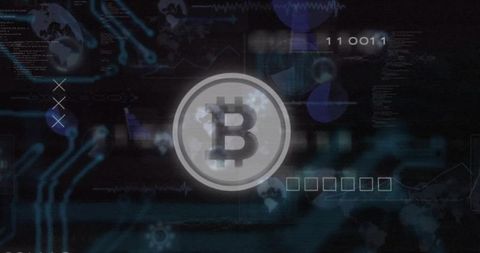 Pulsing Bitcoin Coin Responding to Network Stream Emitting Halo and Glitch Circuitry Concept